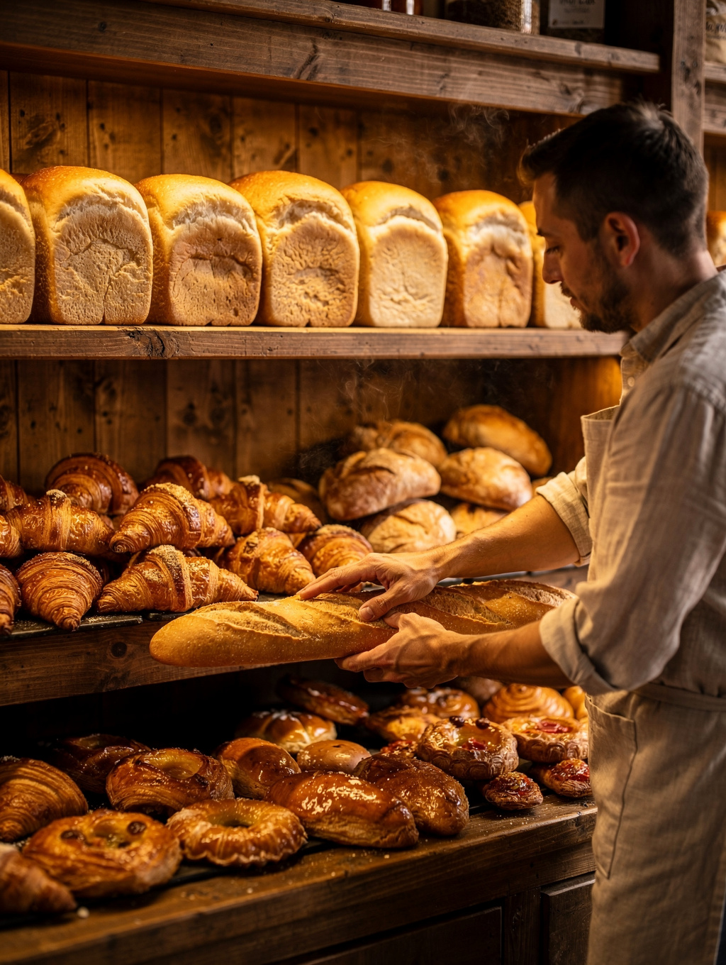 Fresh artisan sourdough loaves and morning croissants on cooling rack