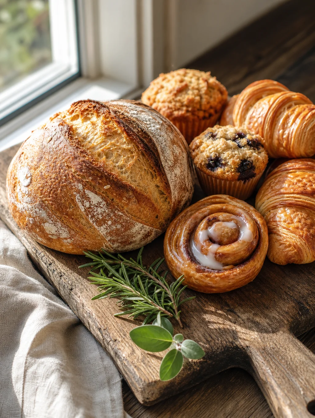 Freshly baked artisan sourdough bread loaves on bakery cooling racks