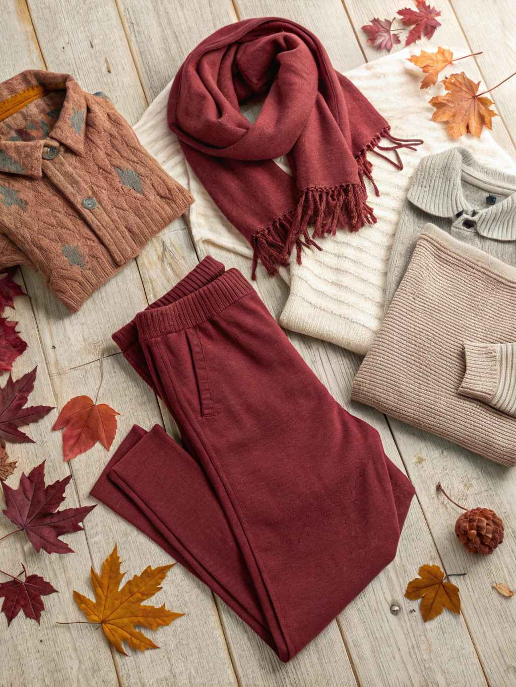Cozy autumn knit sweaters hanging on a minimal wooden apparel rack