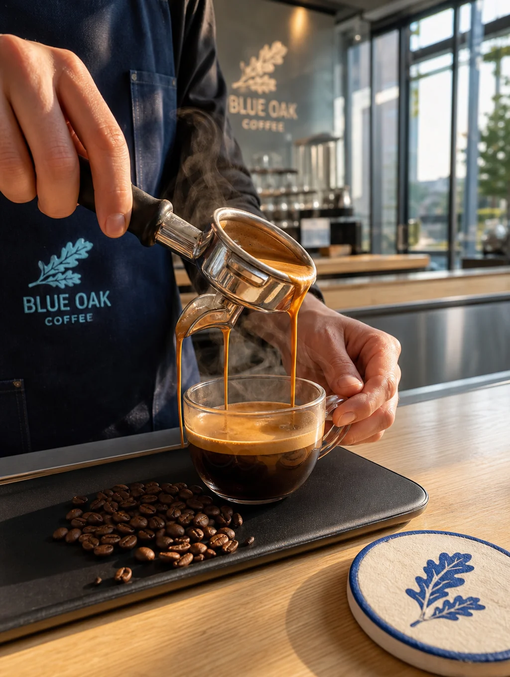Barista pouring espresso beside stacked bags of specialty coffee beans