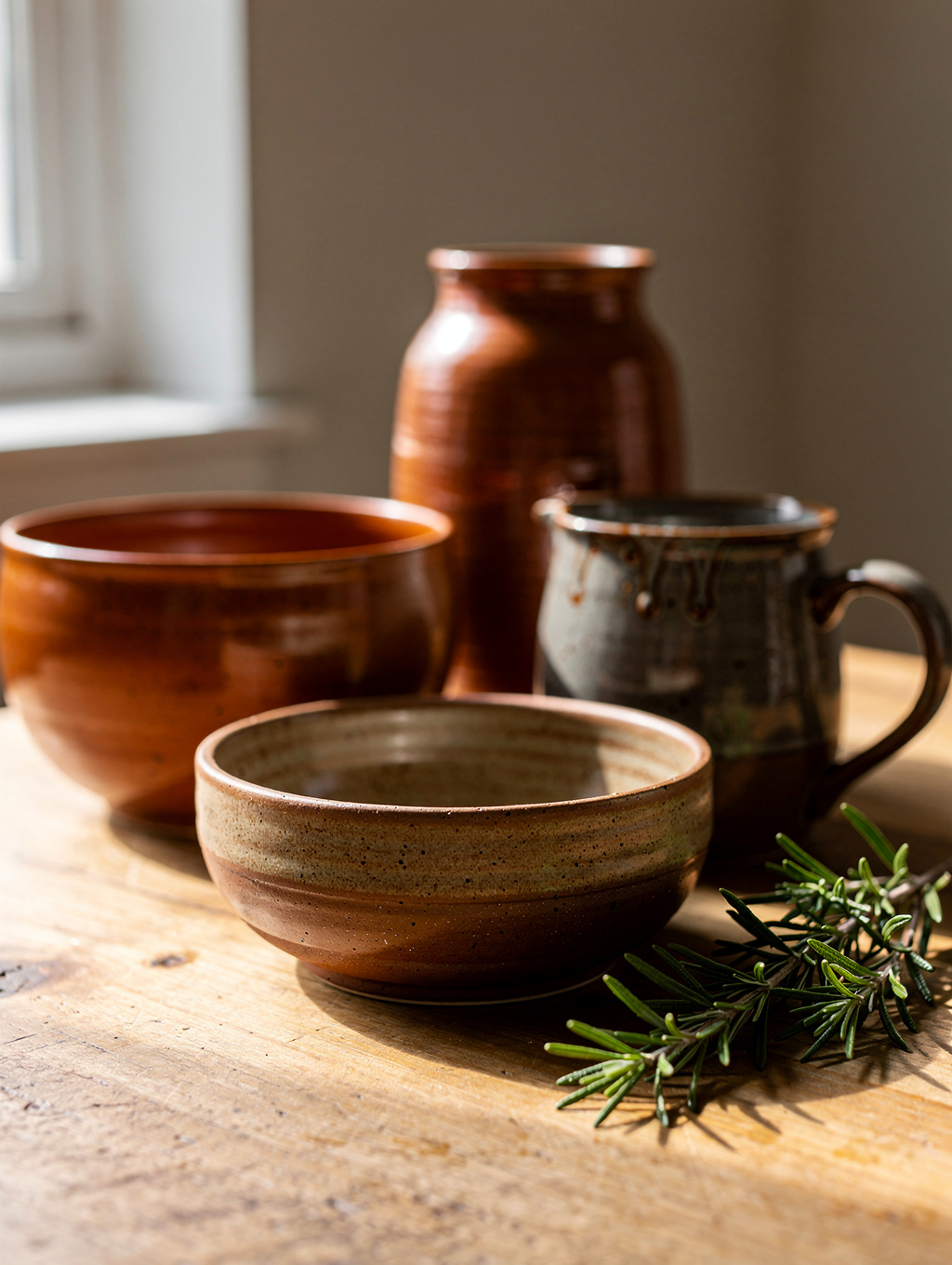 Handcrafted ceramic mugs and neutral clay plates arranged on wooden shelves