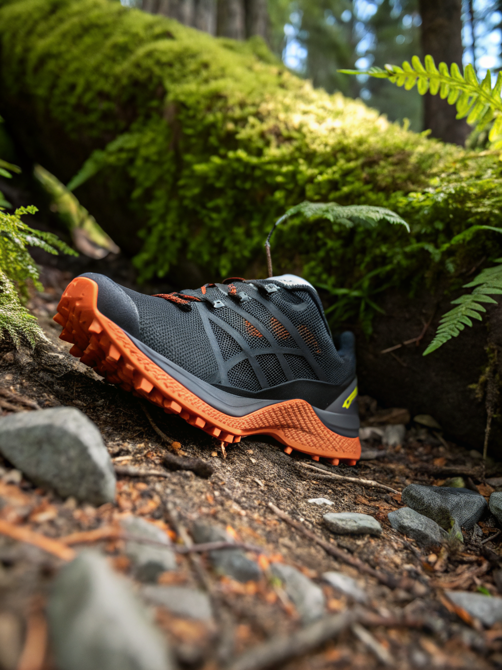 Trail running shoes and hydration vests arranged on gear display